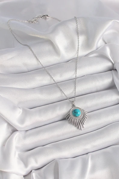 316L Çelik Gümüş Renk Zincir Mavi Boncuklu Zirkon Taşlı Kadın Kolye - Resim 2