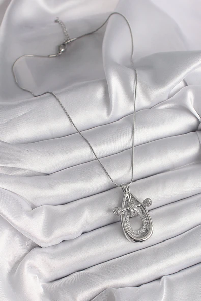 316L Çelik Gümüş Renk Zirkon Taşlı Damla Model Kadın Kolye - Resim 2