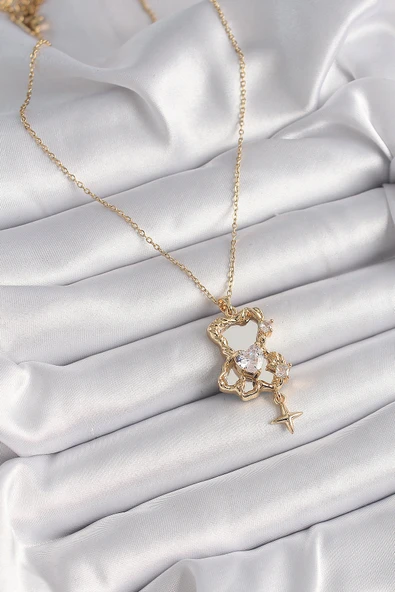 316L Çelik Gold Renk Zincir Ayna Ayıcık Model Zirkon Taşlı Kalp Model Kadın Kolye - Resim 2