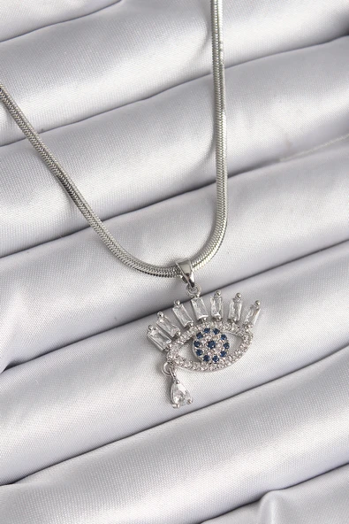 316L Çelik Gümüş Renk İtalyan Zincir Zirkon Taşlı Göz Model Kadın Kolye ürün görseli