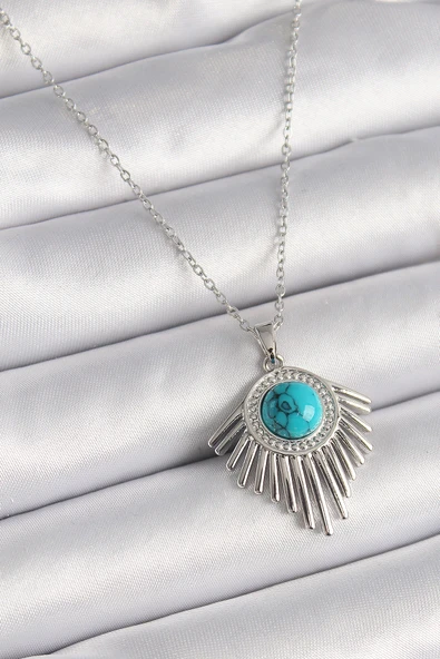 316L Çelik Gümüş Renk Zincir Mavi Boncuklu Zirkon Taşlı Kadın Kolye ürün görseli