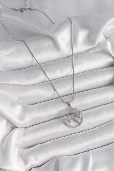 316L Çelik Gümüş Renk Zincir Zirkon Taşlı Yıldız Madalyon Model Kadın Kolye - Resim 2