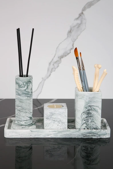 4 Parça Mermer Desenli Beton Banyo Seti Diş Fırçalık Tütsülük Mumluk Tepsi - 3