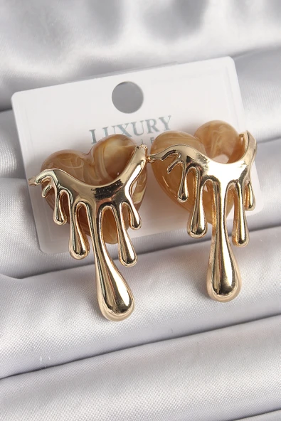 Pirinç Gold Renk Krem Sedefli Akan Kalp Model Kadın Küpe ürün görseli