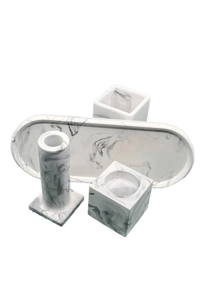 4 Parça Mermer Desenli Beton Banyo Seti Diş Fırçalık Tütsülük Mumluk Tepsi - 8