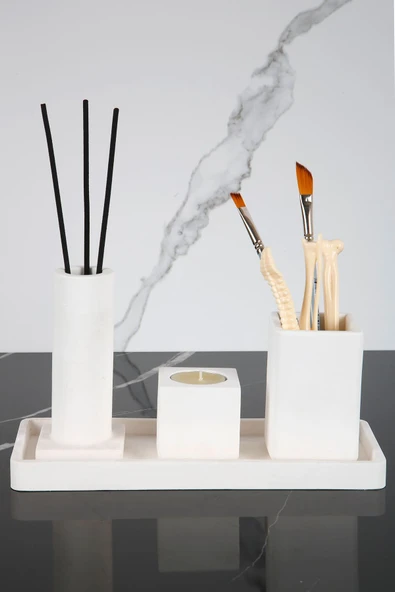 4 Parça Mermer Desenli Beton Banyo Seti Diş Fırçalık Tütsülük Mumluk Tepsi - 2