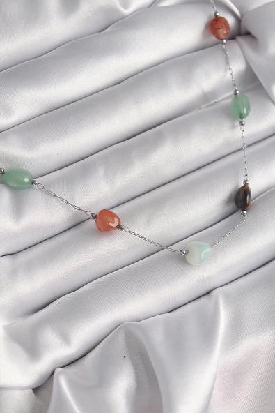 316L Çelik Gümüş Renk Zincir Renkli Doğaltaş Model Kadın Kolye ürün görseli