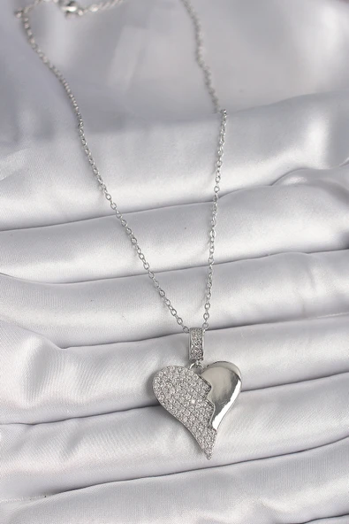 316L Çelik Gümüş Renk Zincir Zirkon Taşlı Kırık Kalp Model Kadın Kolye - Resim 2