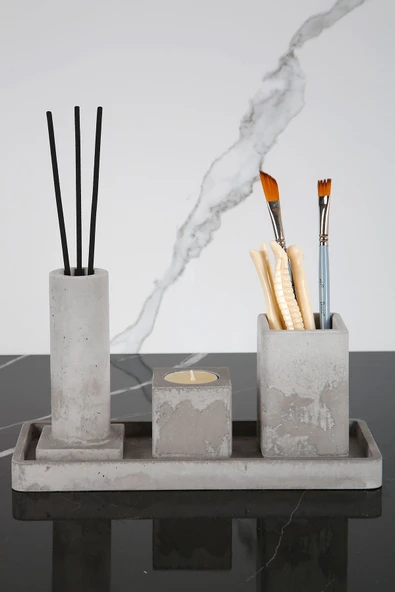 4 Parça Mermer Desenli Beton Banyo Seti Diş Fırçalık Tütsülük Mumluk Tepsi