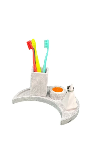 4 Parça Mermer Desenli Banyo Seti Hilal Tepsili Diş Fırçalık Mumluk Yüzüklük Sunum Tepsisi
