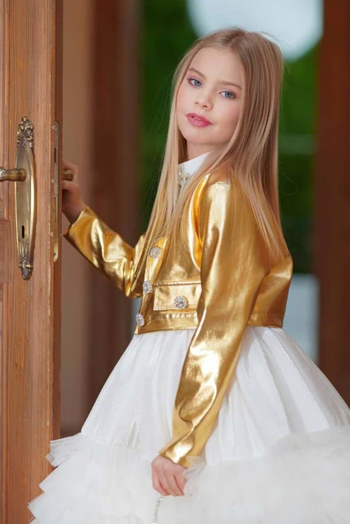 Kız Çocuk Sıfır Kol Beli Taş Şerit Detaylı Eteği Kat Kat Tüllü Parlak Deri Ceketli Beyaz Elbise - Resim 4