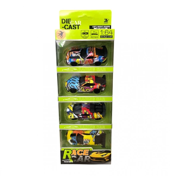 Kapıları ve bagajı Açılan Çek Bırak 4 lü Model Araba Seti 8 cm 1:64 Ölçek Race Car