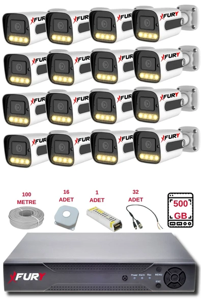FURY 16 Kameralı Set Full HD Gece Renkli Görüş-Cepten İzle-Su Geçirmez Güvenlik Kamerası Seti 500GB ürün görseli