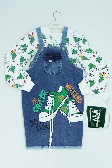 KIZ ÇOCUK SALOPET ELBİSE BASKILI ÇANTA HEDİYELİ A43 - 8