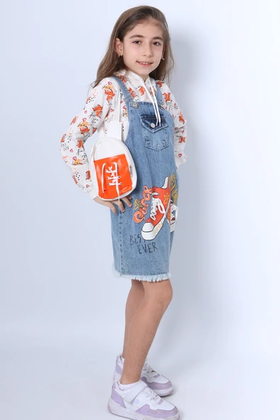 KIZ ÇOCUK SALOPET ELBİSE BASKILI ÇANTA HEDİYELİ A43 - 3