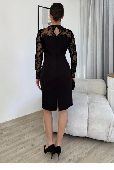 Flok Baskılı Boncuk İşlemeli Elbise 6023-Siyah - 5