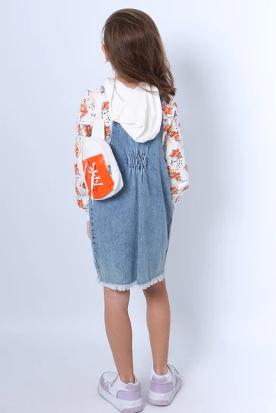 KIZ ÇOCUK SALOPET ELBİSE BASKILI ÇANTA HEDİYELİ A43 - 7