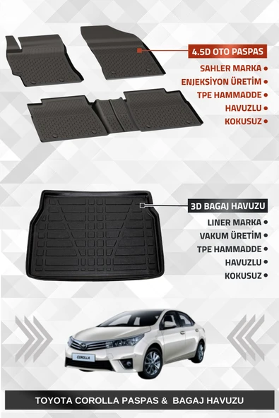 Sahler Toyota Corolla 2013-2018 Uyumlu 4.5D Premium Havuzlu Paspas ve Liner Marka 3D Bagaj Havuzu - 1