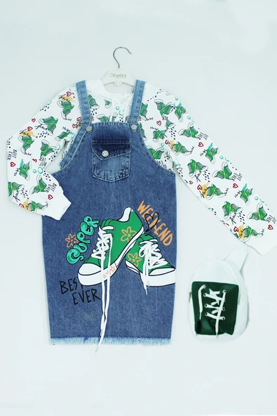 KIZ ÇOCUK SALOPET ELBİSE BASKILI ÇANTA HEDİYELİ A43 - 9