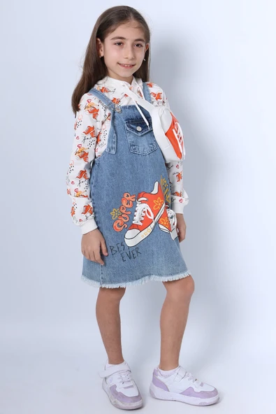 KIZ ÇOCUK SALOPET ELBİSE BASKILI ÇANTA HEDİYELİ A43 - 6