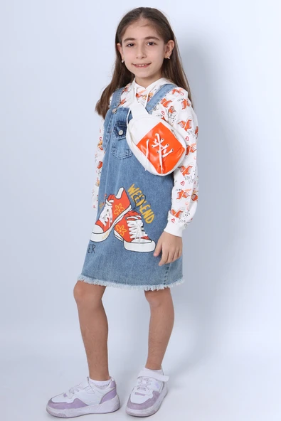 KIZ ÇOCUK SALOPET ELBİSE BASKILI ÇANTA HEDİYELİ A43 - 4