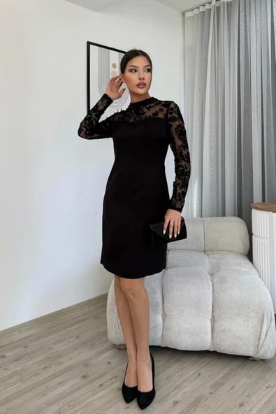Flok Baskılı Boncuk İşlemeli Elbise 6023-Siyah - 2