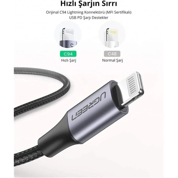 UGREEN TYPE-C TO LIGHTNING 3A PD MFI SERTIFIKALI ÖRGÜLÜ HIZLI SARJ KABLOSU 1 MT SIYAH 60759 - 2