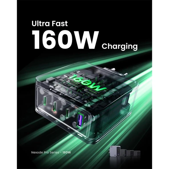 UGREEN NEXODE PRO 160W GAN HIZLI SARJ CIHAZI 100W KABLOLU TYPE-C QC PD 3XUSB-C 1XUSB-A GRI 25877 - 2