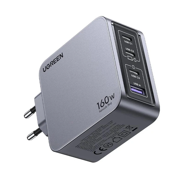 UGREEN NEXODE PRO 160W GAN HIZLI SARJ CIHAZI 100W KABLOLU TYPE-C QC PD 3XUSB-C 1XUSB-A GRI 25877