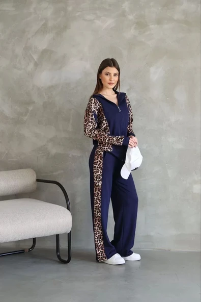 Osy Modal Yumuşak Dokulu Kumaş Kapüşonlu Leopar Desenli Fermuarlı Takım - Lacivert - Resim 2
