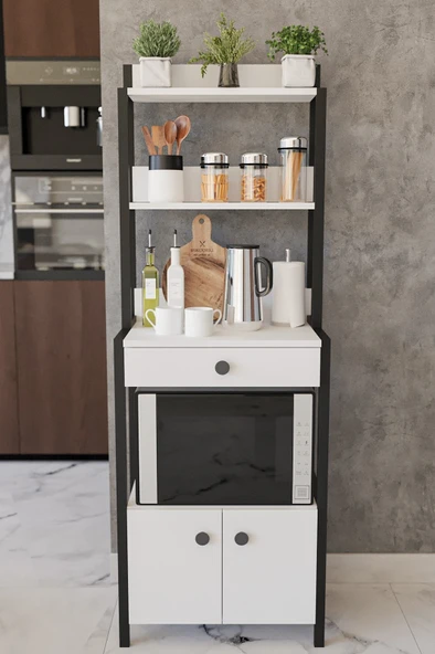 ED PET DİZAYN Beyaz Çekmeceli 2 Kapaklı Çok Amaçlı Dolap Mutfak Bangosu Mikrodalga Fırın Mini Fırın Dolabı