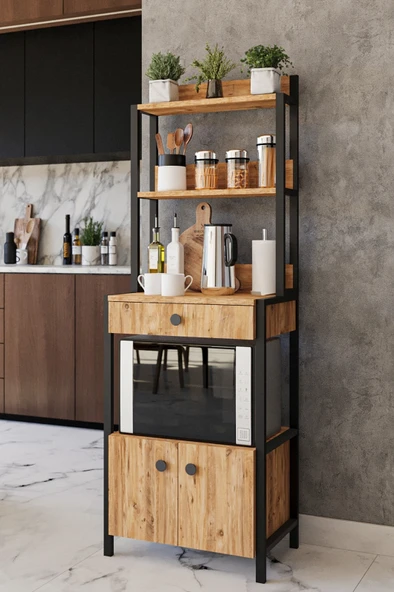 ED PET DİZAYN Çekmeceli 2 Kapaklı Çok Amaçlı Dolap Mutfak Bangosu Mikrodalga Fırın Mini Fırın Dolabı Atlantik Çam - 3