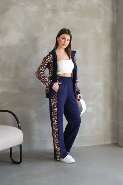 Osy Modal Yumuşak Dokulu Kumaş Kapüşonlu Leopar Desenli Fermuarlı Takım - Lacivert - Resim 4