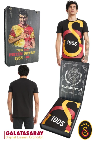 Galatasaray Orijinal Lisanslı Büyük Logolu T-Shirt Metin Oktay Baskılı Hediyelik Ahşap Kutulu