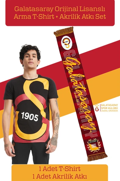 Galatasaray Orijinal Lisanslı Büyük Logolu T-Shirt + Akrilik Atkı Set Hediyelik Ahşap Kutulu - Resim 2