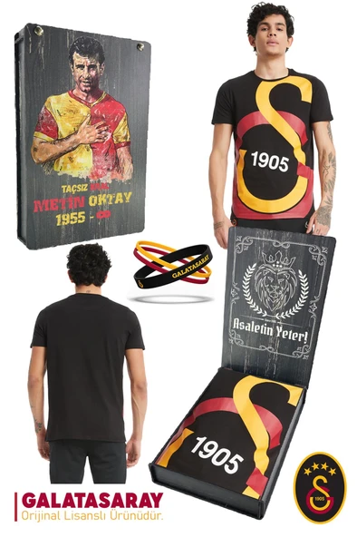 Galatasaray Orijinal Lisanslı Büyük Logolu T-Shirt + Bileklik Set Hediyelik Ahşap Kutulu - 1