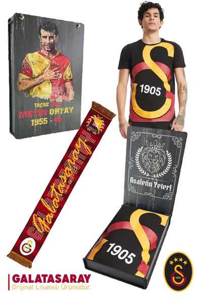 Galatasaray Orijinal Lisanslı Büyük Logolu T-Shirt + Akrilik Atkı Set Hediyelik Ahşap Kutulu ürün görseli