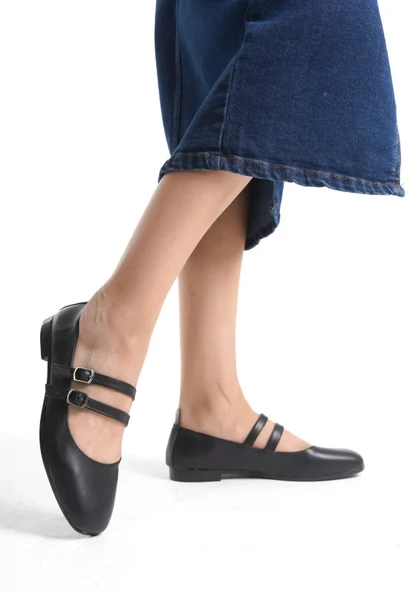 Mehtap Çift Kemer Detaylı Düz Taban Kadın Babet Ayakkabı - Resim 8