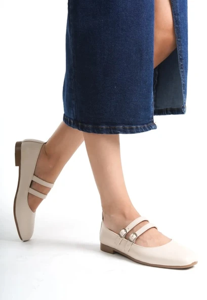 Mehtap Çift Kemer Detaylı Düz Taban Kadın Babet Ayakkabı - Resim 5