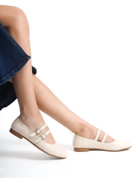 Mehtap Çift Kemer Detaylı Düz Taban Kadın Babet Ayakkabı - Resim 4