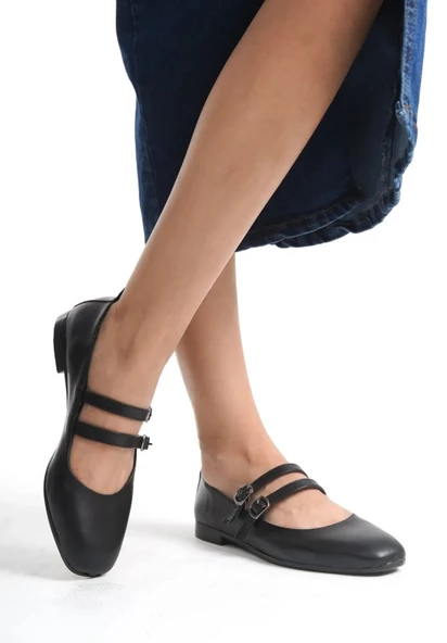 Mehtap Çift Kemer Detaylı Düz Taban Kadın Babet Ayakkabı ürün görseli