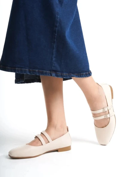 Mehtap Çift Kemer Detaylı Düz Taban Kadın Babet Ayakkabı - Resim 3