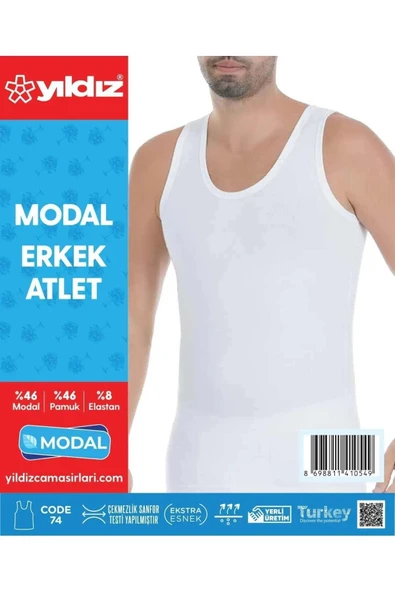 Yıldız Erkek Modal Likralı Askılı Atlet 70/74 - 6 Adet  Beyaz L - Resim 2