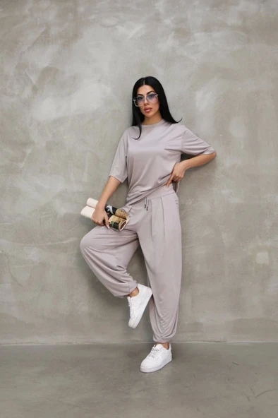 Osy Modal Yumuşak Dokulu Kumaş Oversize Bisiklet Yaka T-shirt Jogger Eşofman Altı Eşofman Takımı - Gri - 3