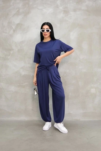 Osy Modal Yumuşak Dokulu Kumaş  Oversize Bisiklet Yaka T-shirt Jogger Eşofman Altı  Eşofman Takımı  - Lacivert - 2