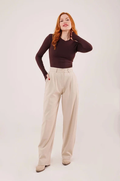 Premium Model Oturtmalı Krem Pantolon - Resim 4