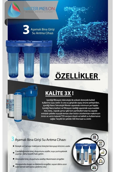 WaterMelon  Daire Bina Sayaç Girişi 3 Aşama Su Arıtma Cihazı (KLOR ,KİREÇ , TORTU ÖNLEYİCİ YUMUŞATMA SİSTEMİ) - Resim 5