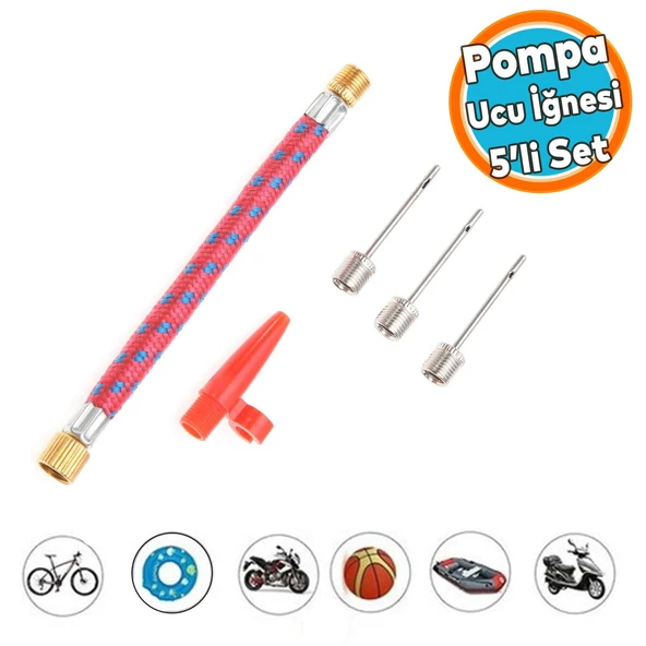 Pompa Ucu İğne Seti 5'li Hortum Bağlantılı Bisiklet Top Yat Şambrel Teker Şişirme Metal Plastik Jakı