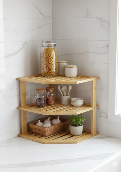 Bambu Mutfak Köşe Rafı - Mutfak Köşeliği - Çok Amaçlı Raf, Köşelik