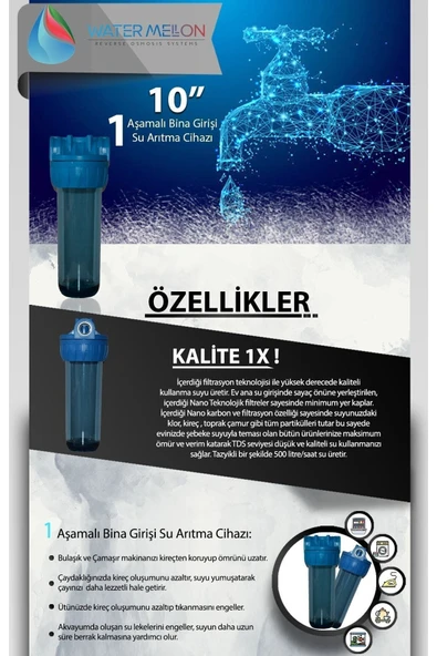 WaterMelon  Daire Bina Sayaç Girişi 10" Inc 1 Aşama Su Arıtma Cihazı ( Tortu Önleyici Yumuşatma Sistemi) - Resim 6